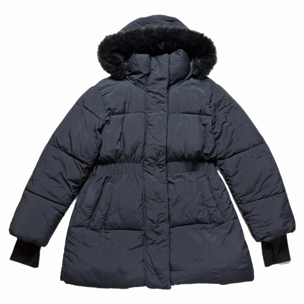 GAP Primaloft Puffer Midi Coat Black Fur Trim Hooded Winter Jacket M - Picture 13 of 13